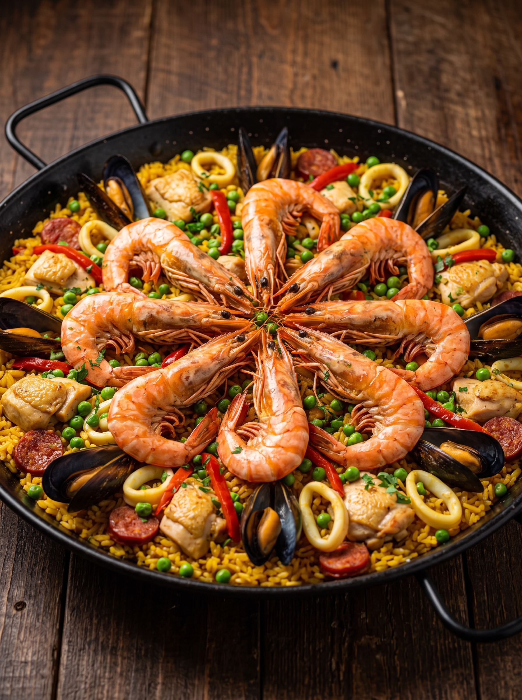 Paella Mixta Premium con pollo, chorizo, camarones jumbo, calamares y mejillones, el doble de mariscos y carnes